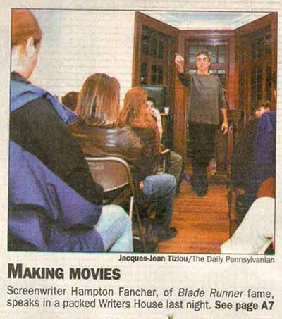 Screenwriter Hampton Fancher, of 'Blade Runner' fame, speaks in a packed Writers House last night.