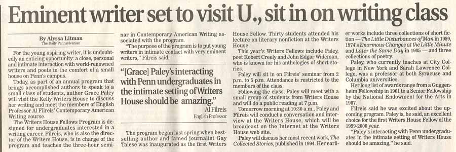Eminent writer set to visit U., sit in on writing class