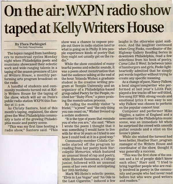 On the air: WXPN radio show taped at Kelly Writers House