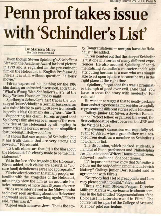 Penn prof takes issue with 'Schindler's List'