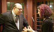 Author Peter Straub advises English graduate student Veronica Schanoes on novel writing at his book reading at the Kelly Writers House on Tuesday.
