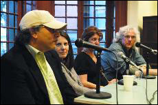Alumni non-fiction writers Buzz Bissinger, Jean Chatzky, Lisa DePaulo and Stephen Fried (left to right) shared their experiences at the Kelly's Writer House in memory of English professor Nora Magid.

